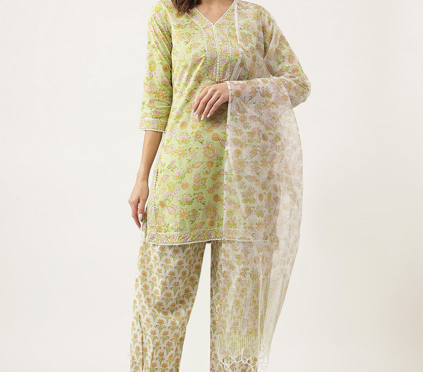 Divena Green Floral Printed Cotton Straight Short Kurta, trousers with Dupatta Set