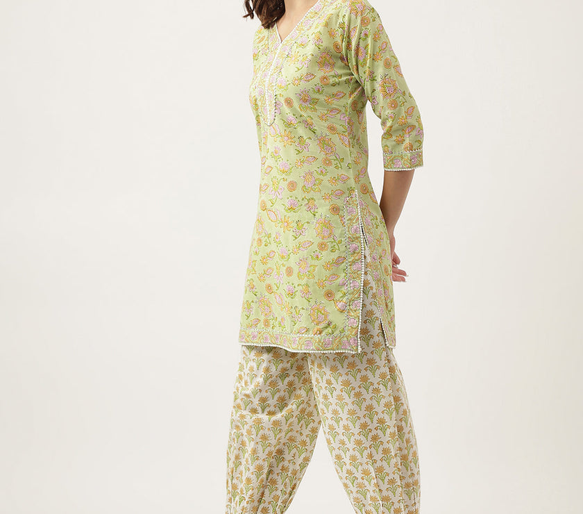 Divena Green Floral Printed Cotton Straight Short Kurta, trousers with Dupatta Set