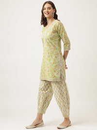 Divena Green Floral Printed Cotton Straight Short Kurta, trousers with Dupatta Set