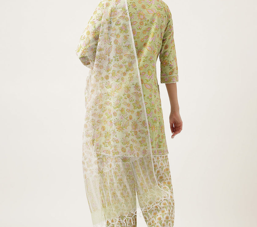 Divena Green Floral Printed Cotton Straight Short Kurta, trousers with Dupatta Set