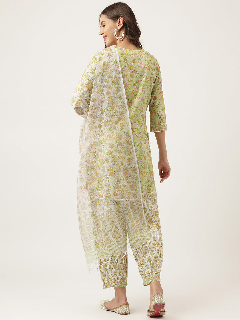 Divena Green Floral Printed Cotton Straight Short Kurta, trousers with Dupatta Set