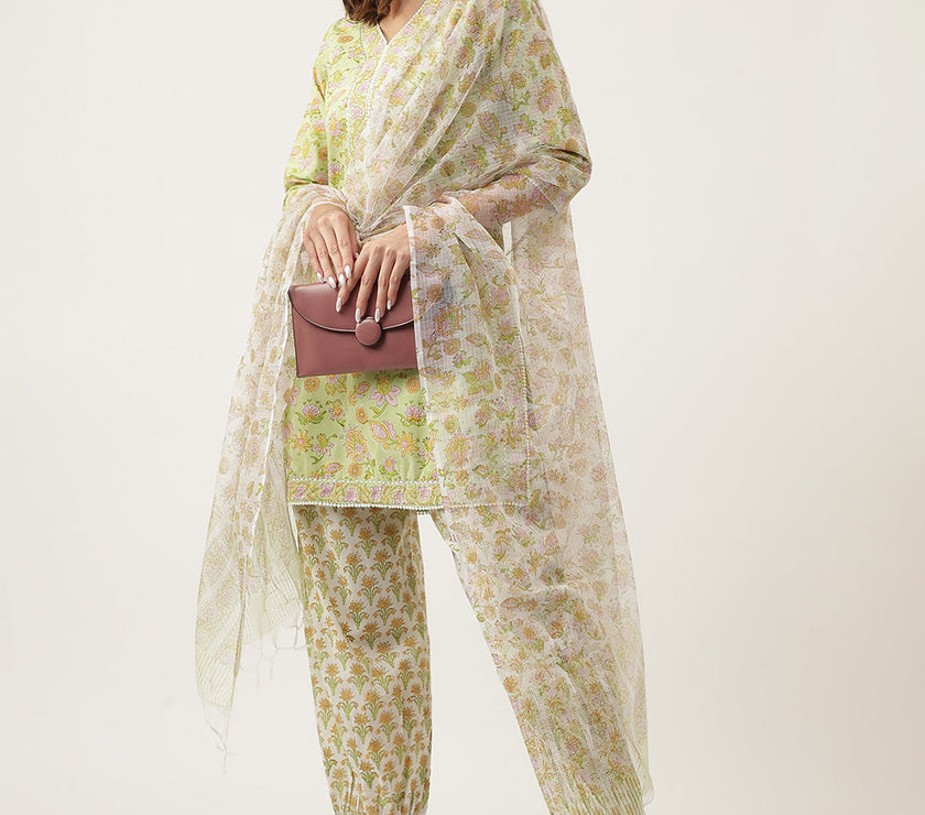 Divena Green Floral Printed Cotton Straight Short Kurta, trousers with Dupatta Set