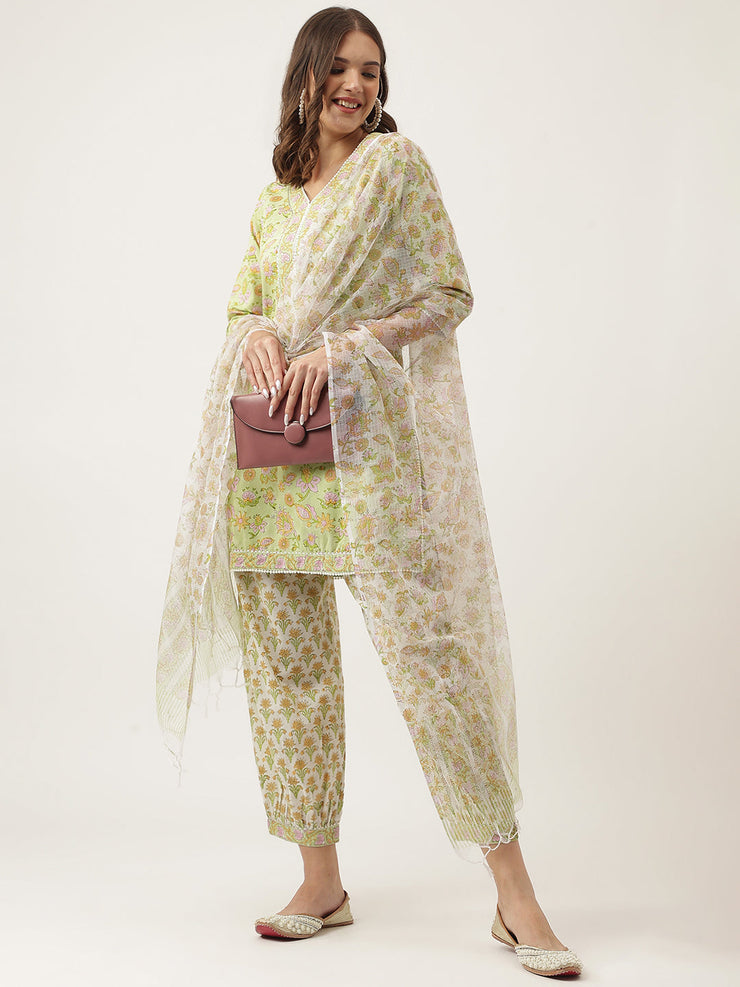 Divena Green Floral Printed Cotton Straight Short Kurta, trousers with Dupatta Set