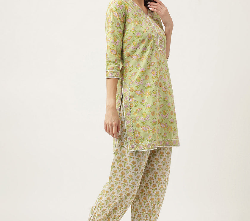 Divena Green Floral Printed Cotton Straight Short Kurta, trousers with Dupatta Set