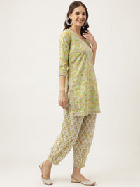 Divena Green Floral Printed Cotton Straight Short Kurta, trousers with Dupatta Set