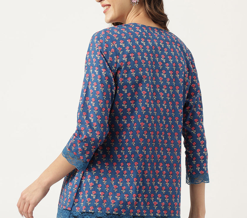 Divena Navy Blue Floral Printed Cotton Peplum Top