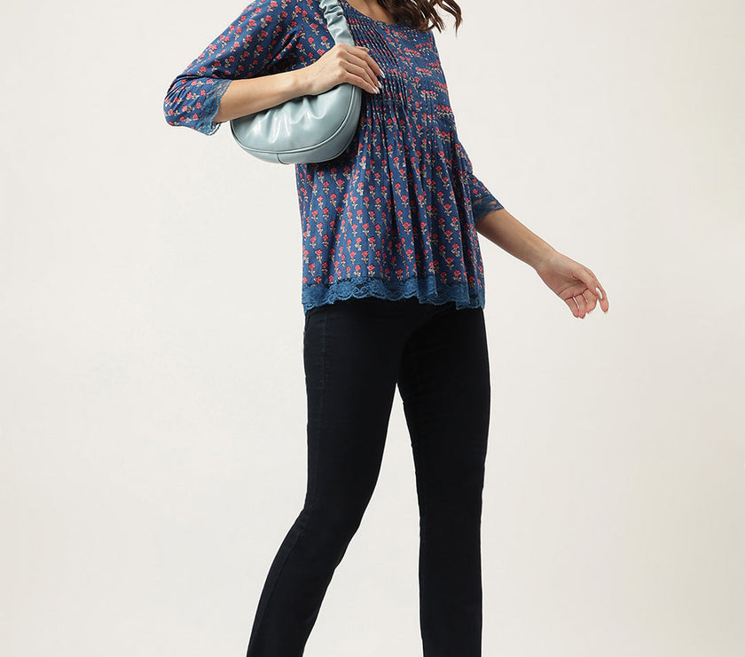 Divena Navy Blue Floral Printed Cotton Peplum Top