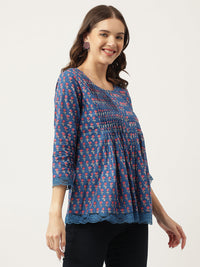 Divena Navy Blue Floral Printed Cotton Peplum Top