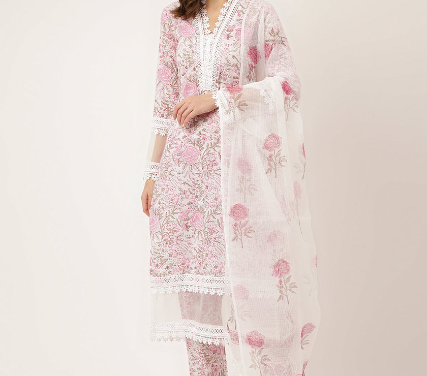 Divena White Hand Block Floral Print Cotton  Kurta, Trouser & Dupatta