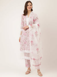 Divena White Hand Block Floral Print Cotton  Kurta, Trouser & Dupatta