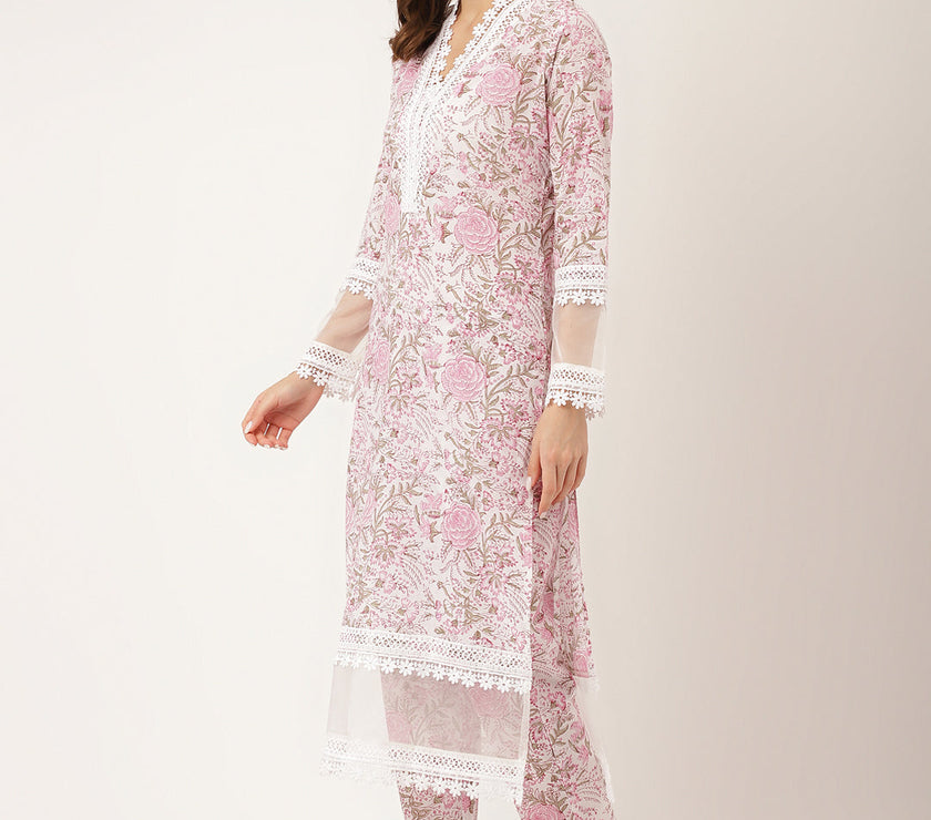 Divena White Hand Block Floral Print Cotton  Kurta, Trouser & Dupatta