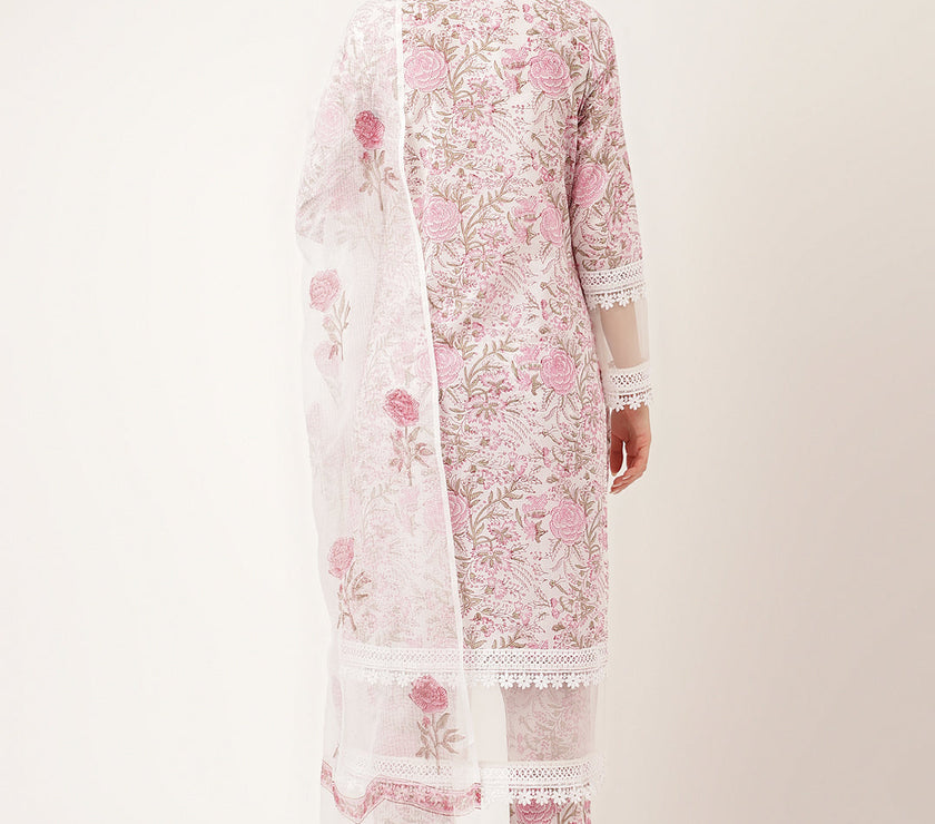 Divena White Hand Block Floral Print Cotton  Kurta, Trouser & Dupatta