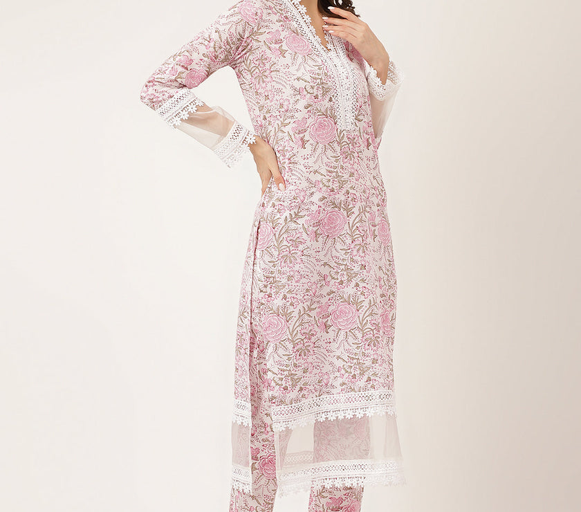 Divena White Hand Block Floral Print Cotton  Kurta, Trouser & Dupatta