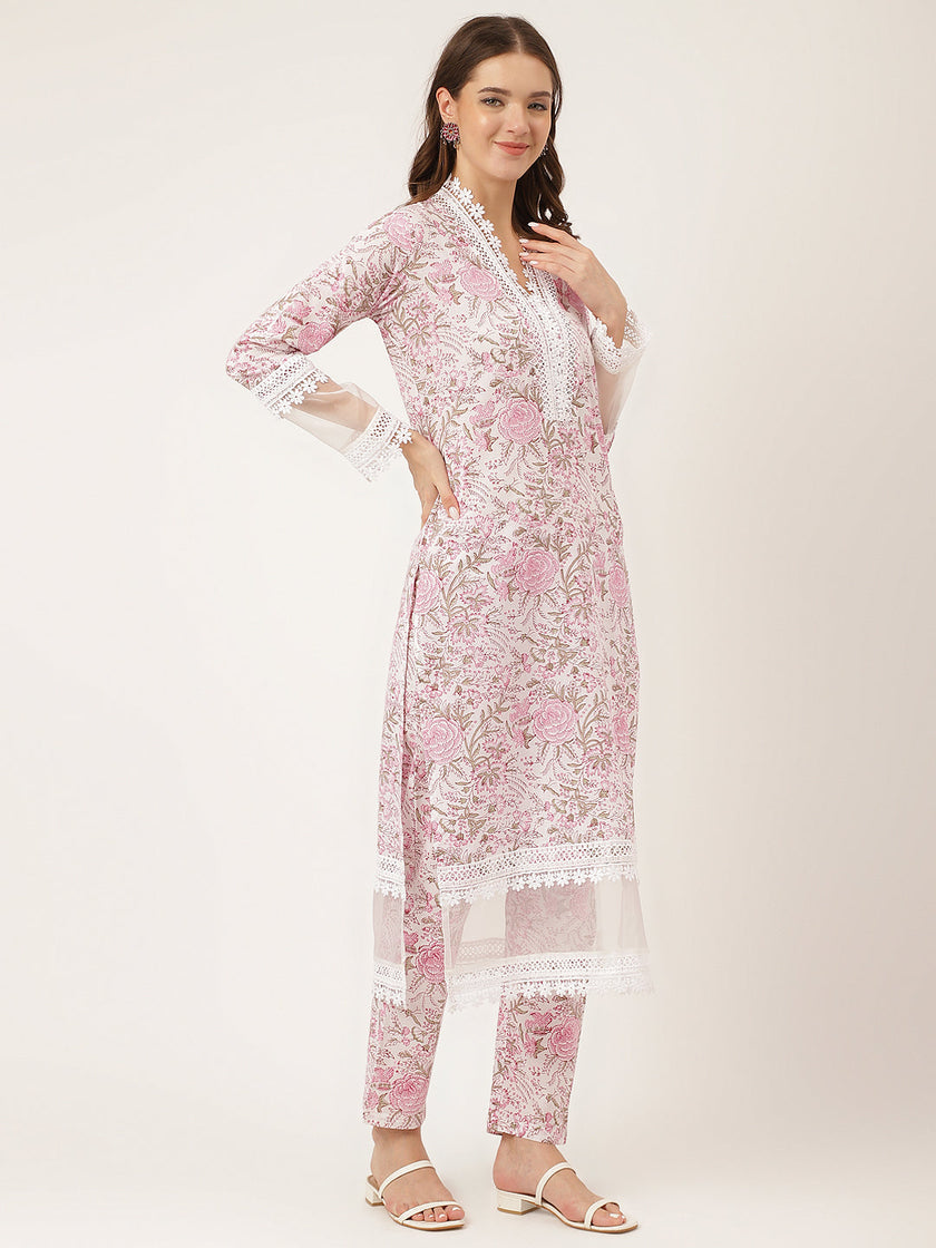 Divena White Hand Block Floral Print Cotton  Kurta, Trouser & Dupatta