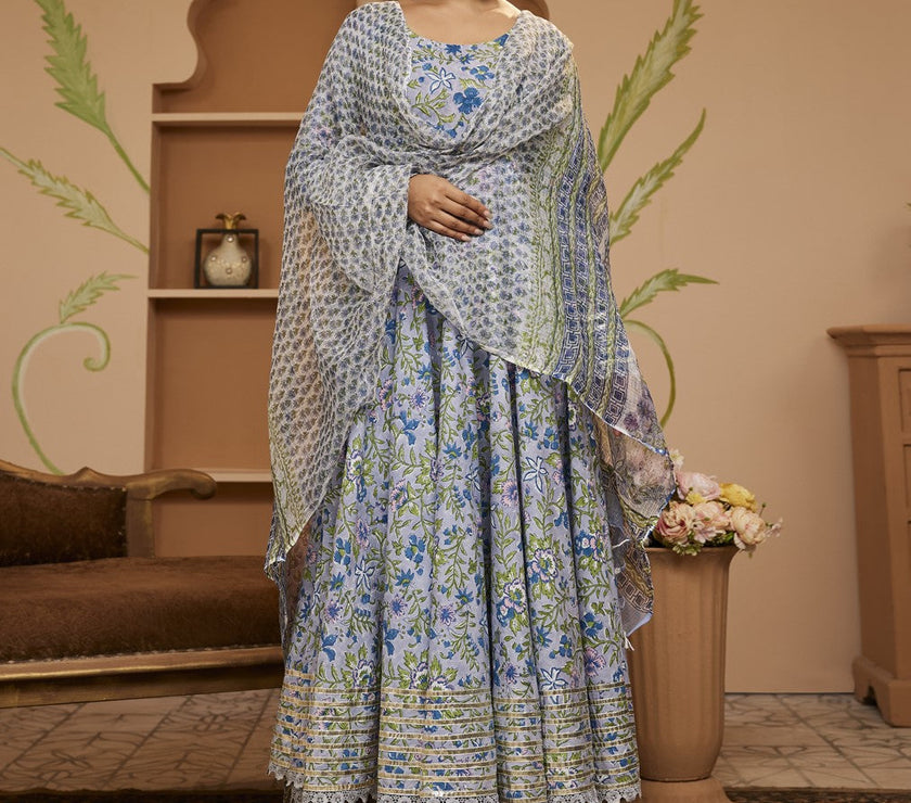 Divena Handblock Floral Printed Blue Anarkali Cotton Kurta With Trousers & Dupatta