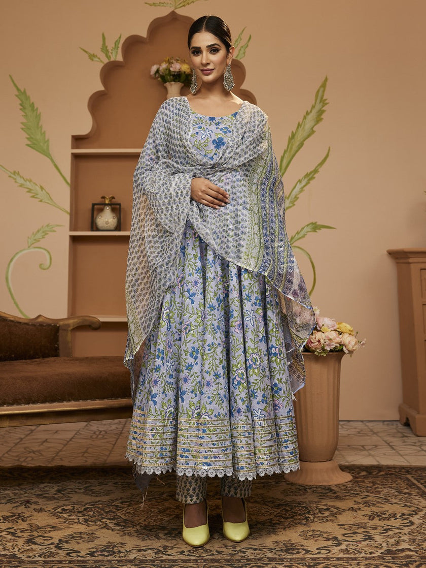 Divena Handblock Floral Printed Blue Anarkali Cotton Kurta With Trousers & Dupatta