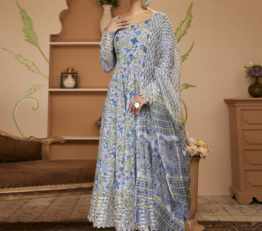 Divena Handblock Floral Printed Blue Anarkali Cotton Kurta With Trousers & Dupatta