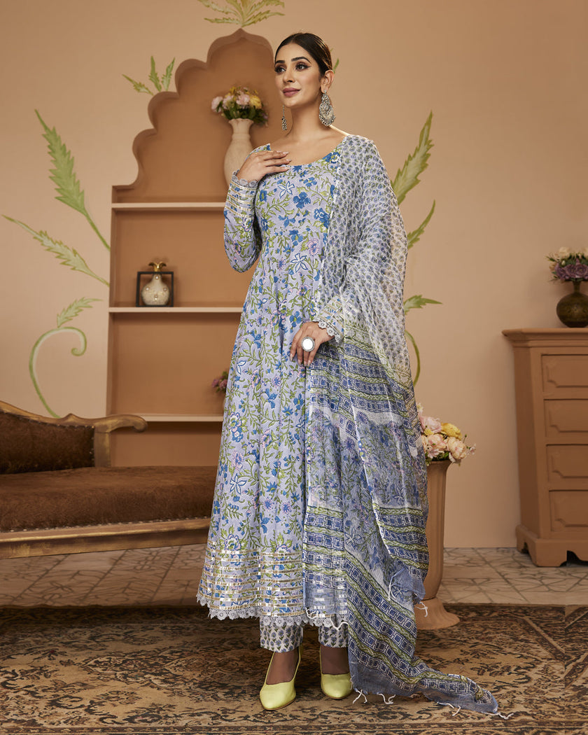 Divena Handblock Floral Printed Blue Anarkali Cotton Kurta With Trousers & Dupatta