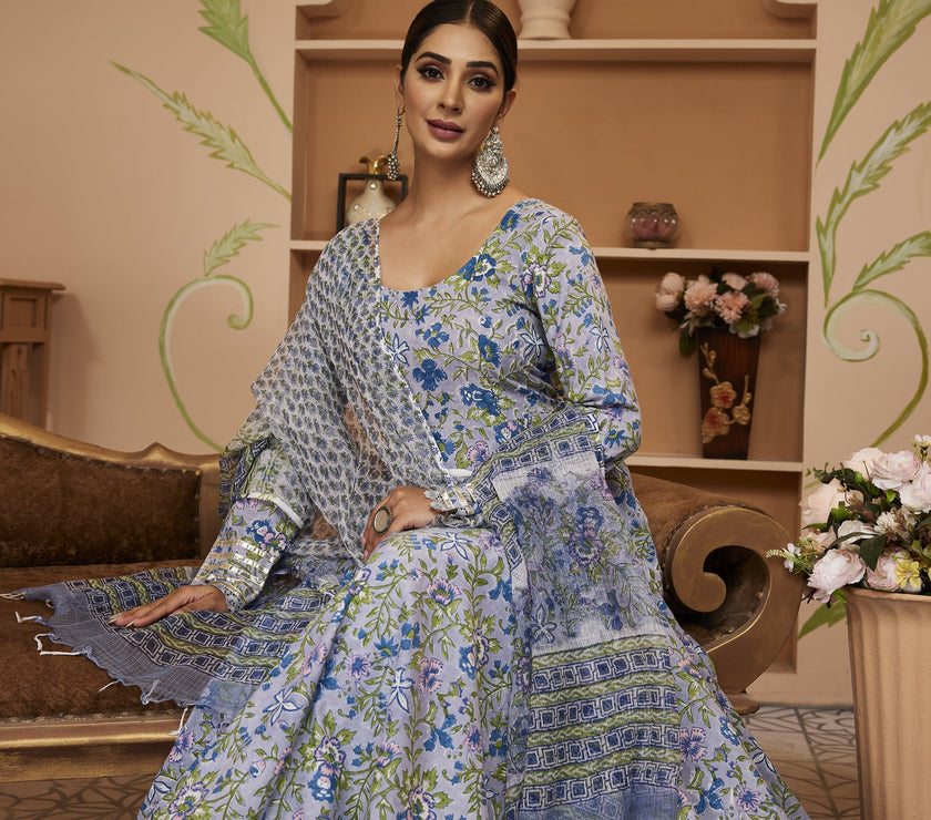 Divena Handblock Floral Printed Blue Anarkali Cotton Kurta With Trousers & Dupatta