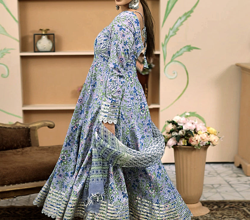 Divena Handblock Floral Printed Blue Anarkali Cotton Kurta With Trousers & Dupatta