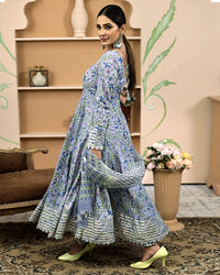 Divena Handblock Floral Printed Blue Anarkali Cotton Kurta With Trousers & Dupatta