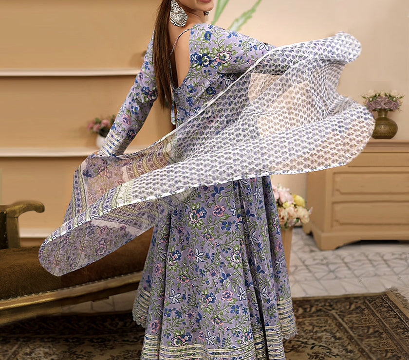 Divena Handblock Floral Printed Blue Anarkali Cotton Kurta With Trousers & Dupatta