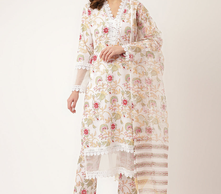 Divena White Hand Block Floral Print Cotton  Kurta, Trouser With Dupatta