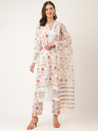 Divena White Hand Block Floral Print Cotton  Kurta, Trouser With Dupatta