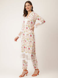 Divena White Hand Block Floral Print Cotton  Kurta, Trouser With Dupatta