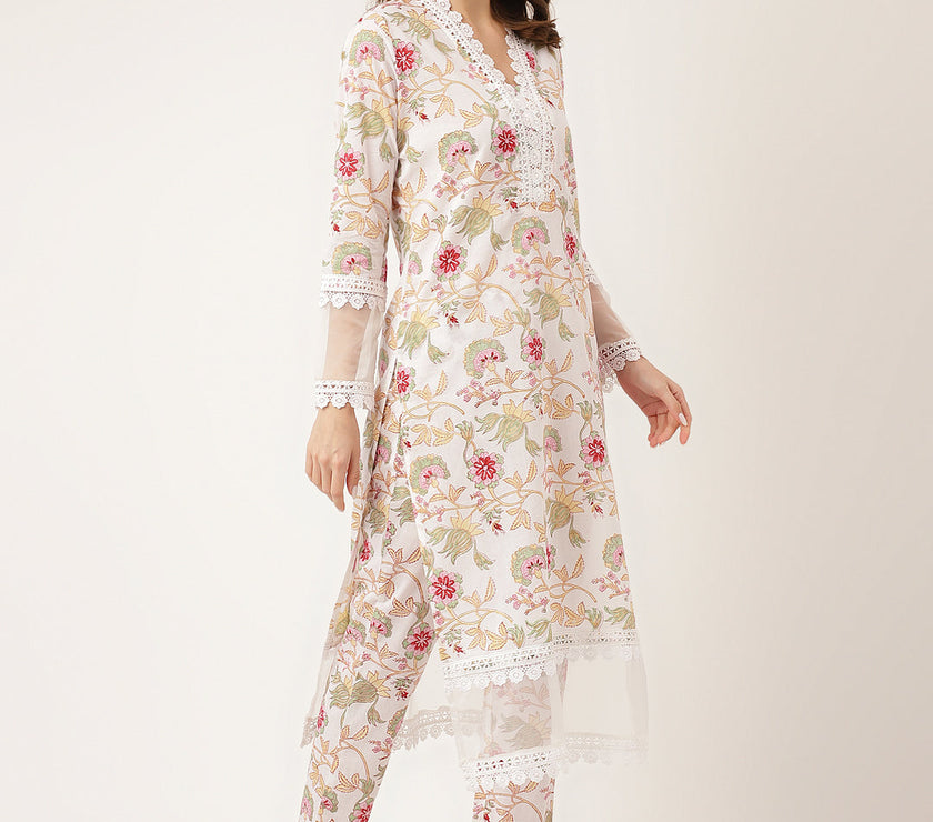 Divena White Hand Block Floral Print Cotton  Kurta, Trouser With Dupatta