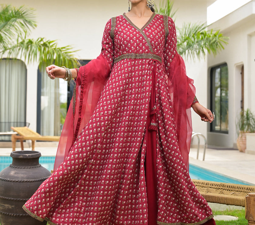 Divena Maroon Printed & Zari Embroidered Rayon Layered Kurta with Dupatta Set for Women