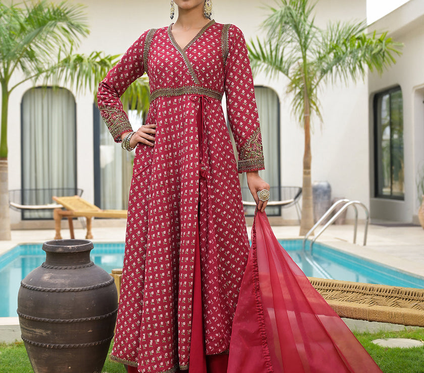 Divena Maroon Printed & Zari Embroidered Rayon Layered Kurta with Dupatta Set for Women