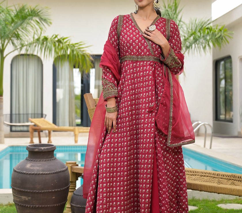 Divena Maroon Printed & Zari Embroidered Rayon Layered Kurta with Dupatta Set for Women