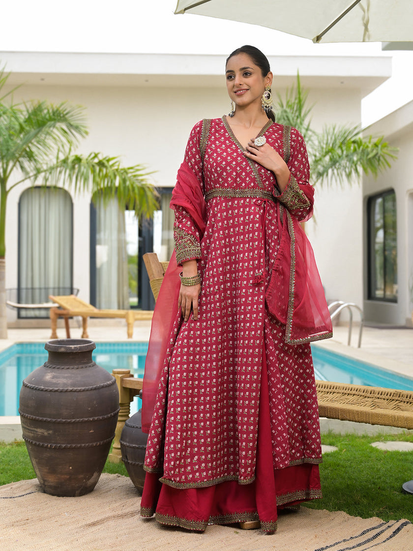 Divena Maroon Printed & Zari Embroidered Rayon Layered Kurta with Dupatta Set for Women