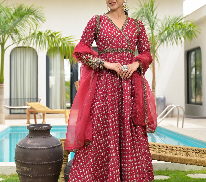 Divena Maroon Printed & Zari Embroidered Rayon Layered Kurta with Dupatta Set for Women