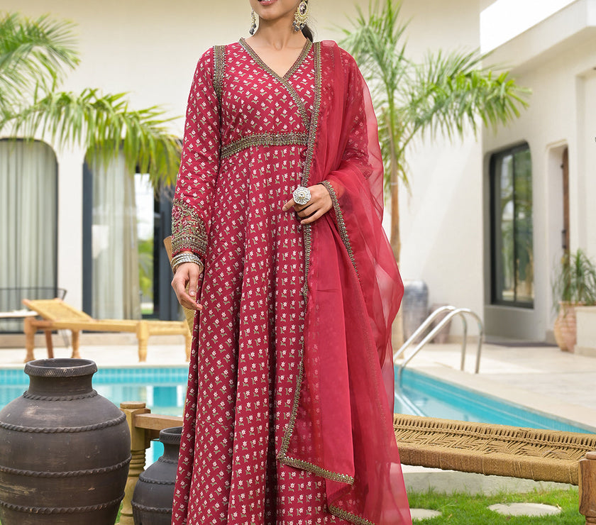 Divena Maroon Printed & Zari Embroidered Rayon Layered Kurta with Dupatta Set for Women