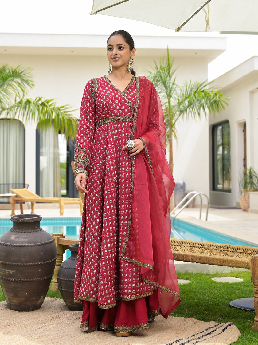 Divena Maroon Printed & Zari Embroidered Rayon Layered Kurta with Dupatta Set for Women