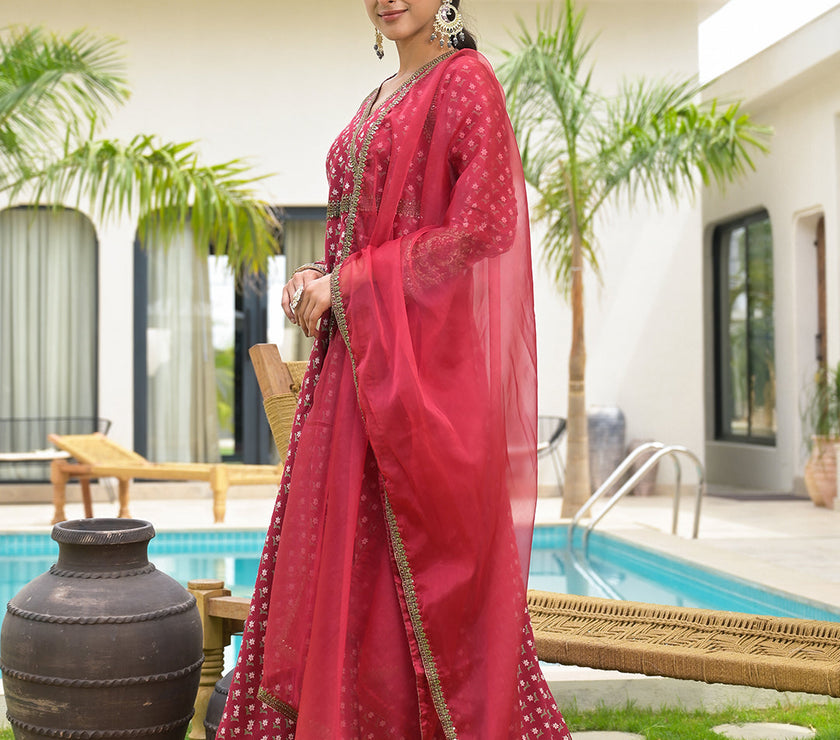 Divena Maroon Printed & Zari Embroidered Rayon Layered Kurta with Dupatta Set for Women