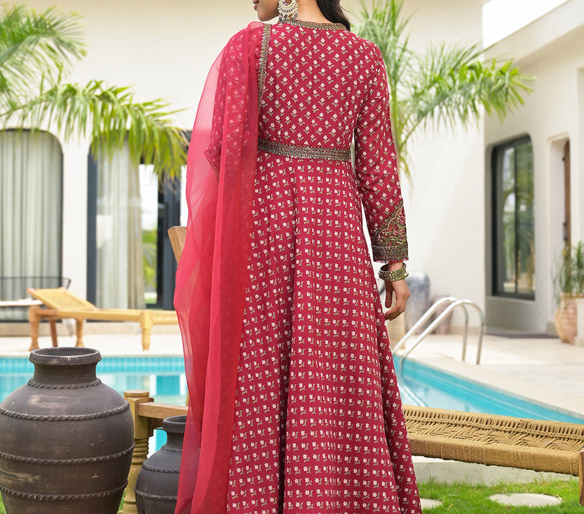 Divena Maroon Printed & Zari Embroidered Rayon Layered Kurta with Dupatta Set for Women