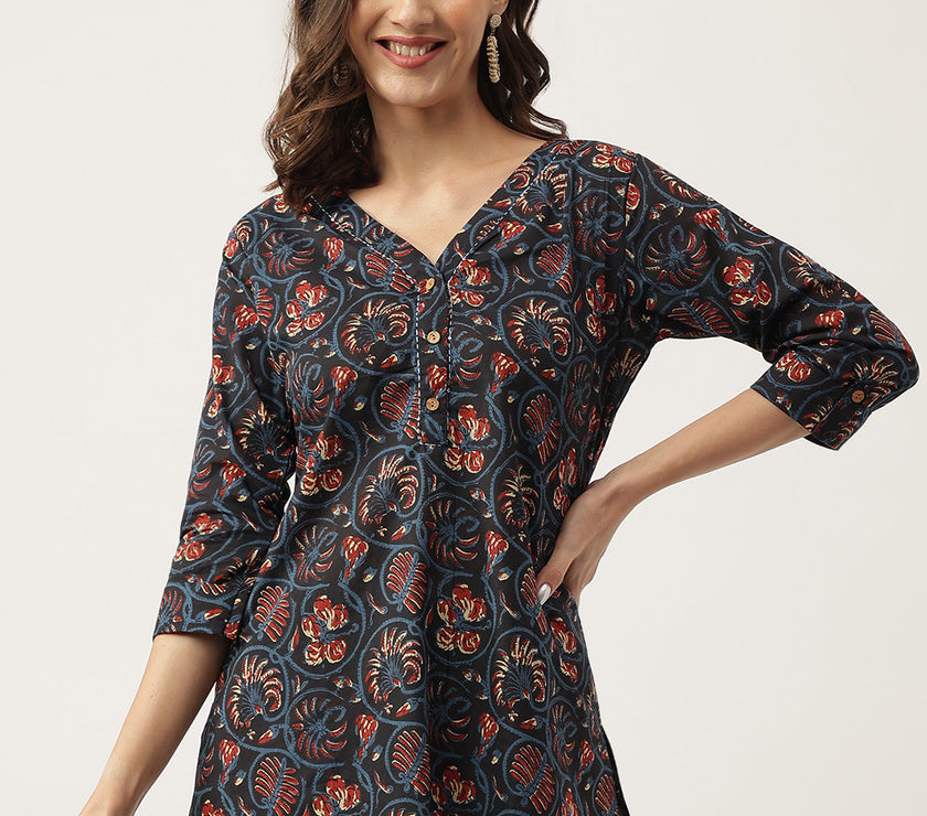 Divena Navy Blue Floral Printed Cotton Peplum V-Neck Top