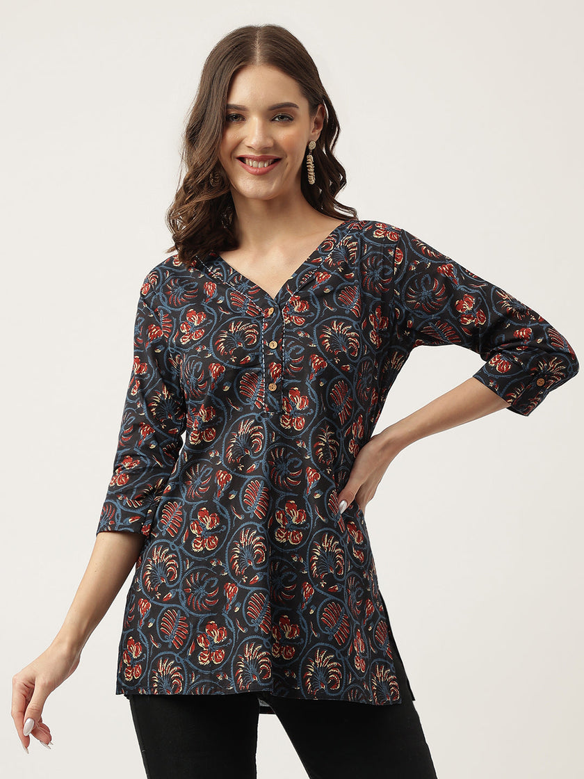 Divena Navy Blue Floral Printed Cotton Peplum V-Neck Top