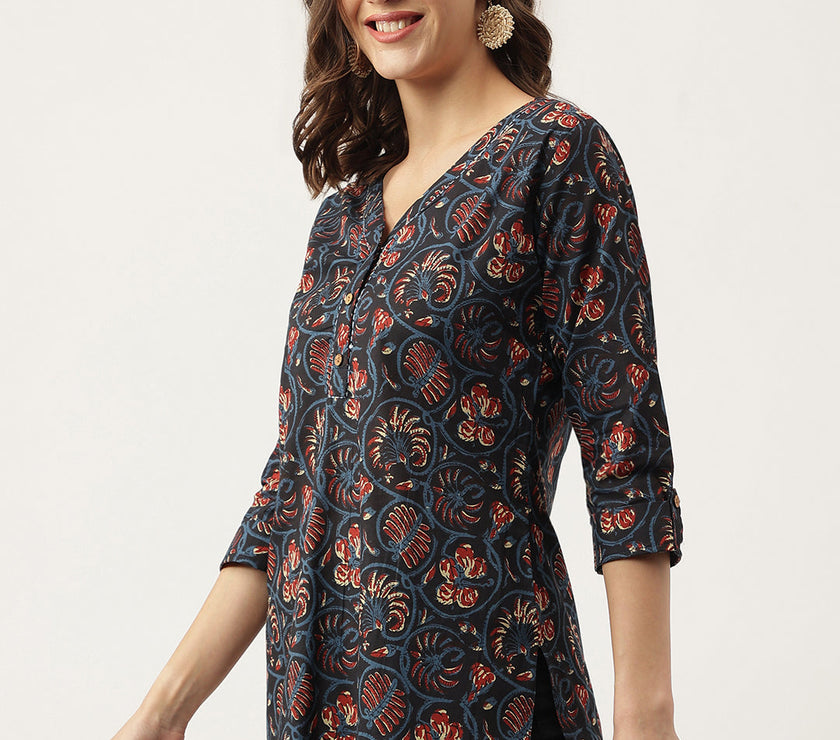 Divena Navy Blue Floral Printed Cotton Peplum V-Neck Top