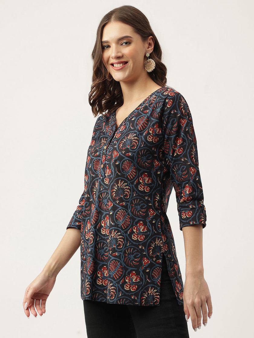 Divena Navy Blue Floral Printed Cotton Peplum V-Neck Top