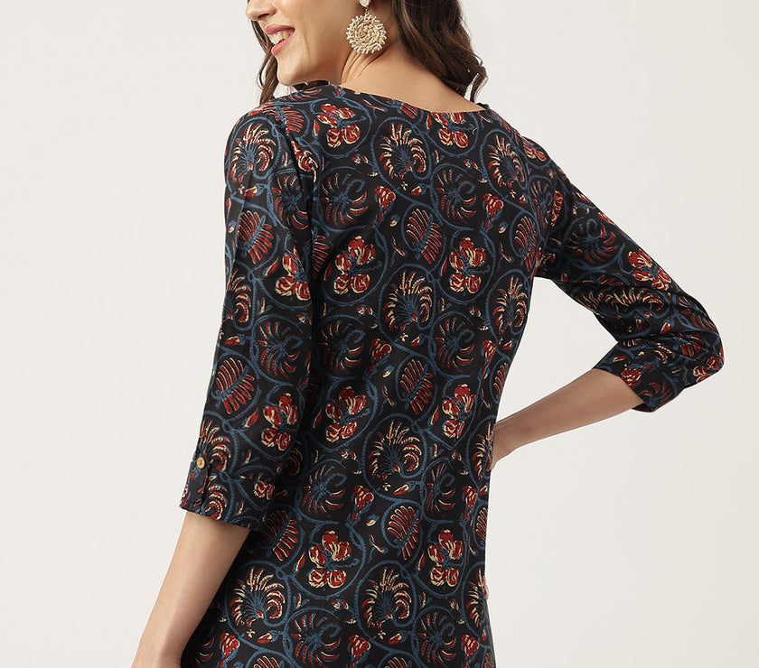 Divena Navy Blue Floral Printed Cotton Peplum V-Neck Top