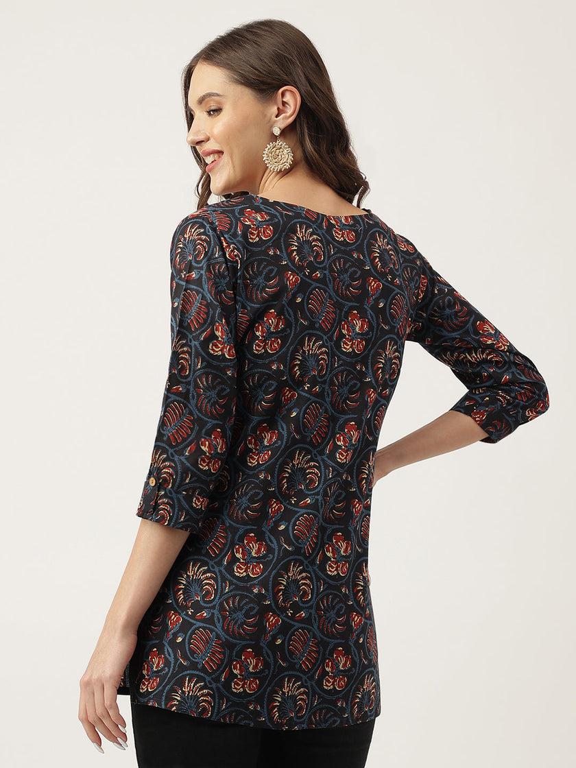 Divena Navy Blue Floral Printed Cotton Peplum V-Neck Top