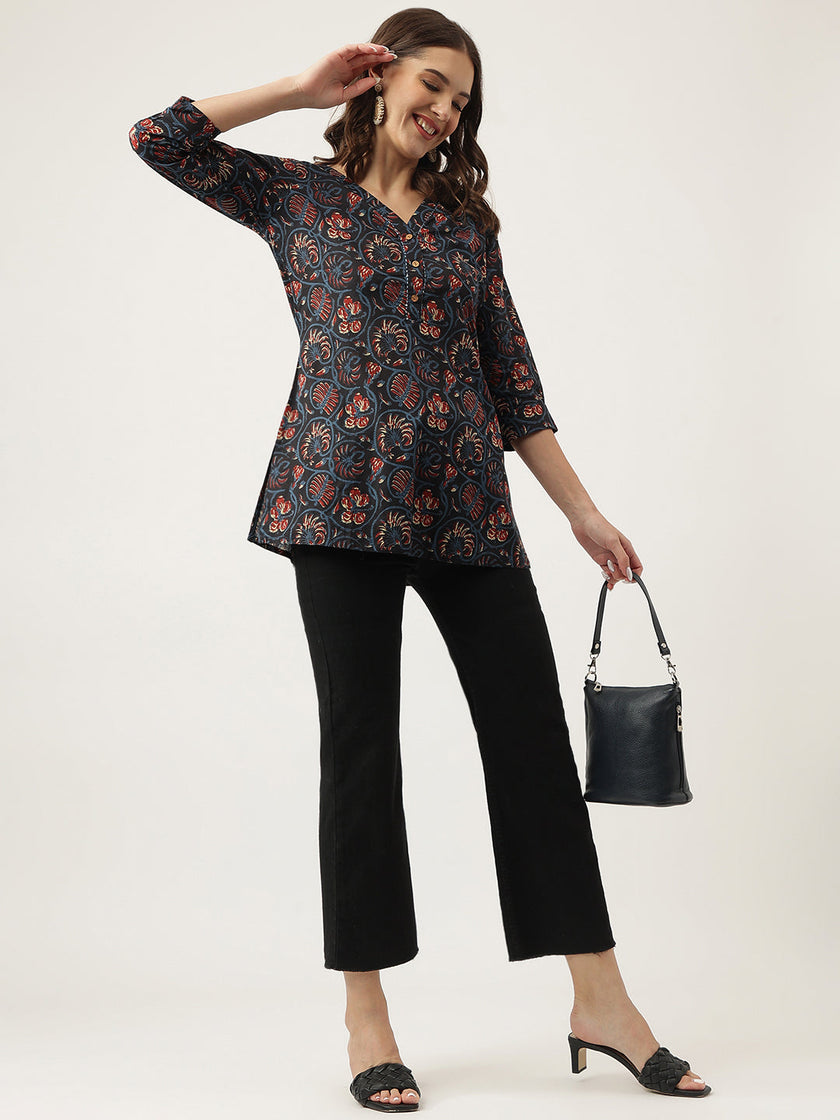 Divena Navy Blue Floral Printed Cotton Peplum V-Neck Top