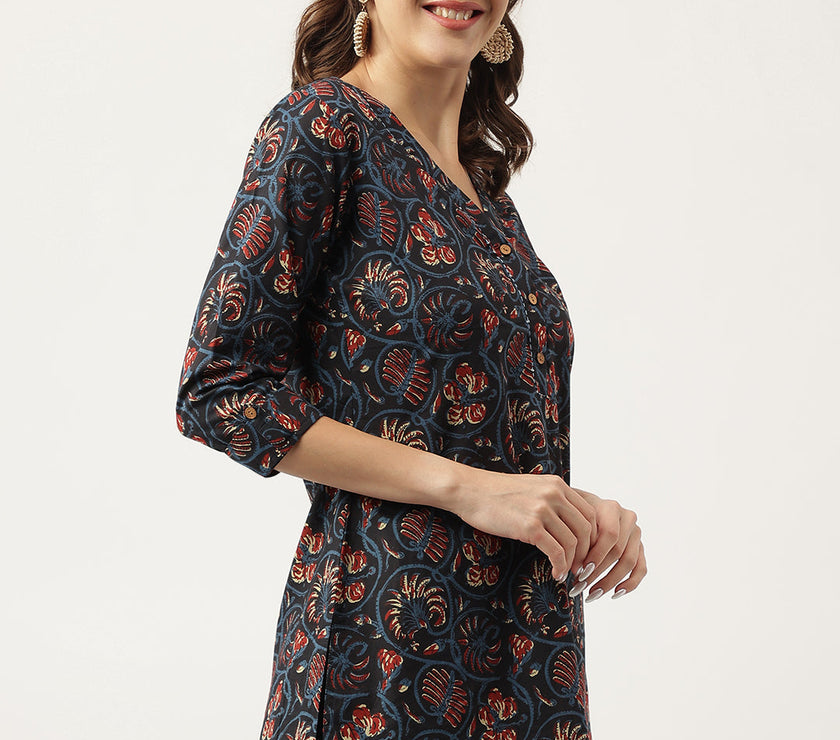 Divena Navy Blue Floral Printed Cotton Peplum V-Neck Top