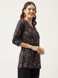 Divena Navy Blue Floral Printed Cotton Peplum V-Neck Top