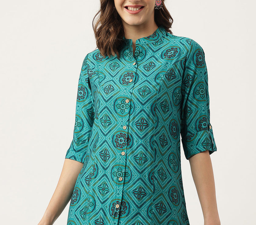 Divena Turquoise Blue Printed Muslin Fold Sleeve top