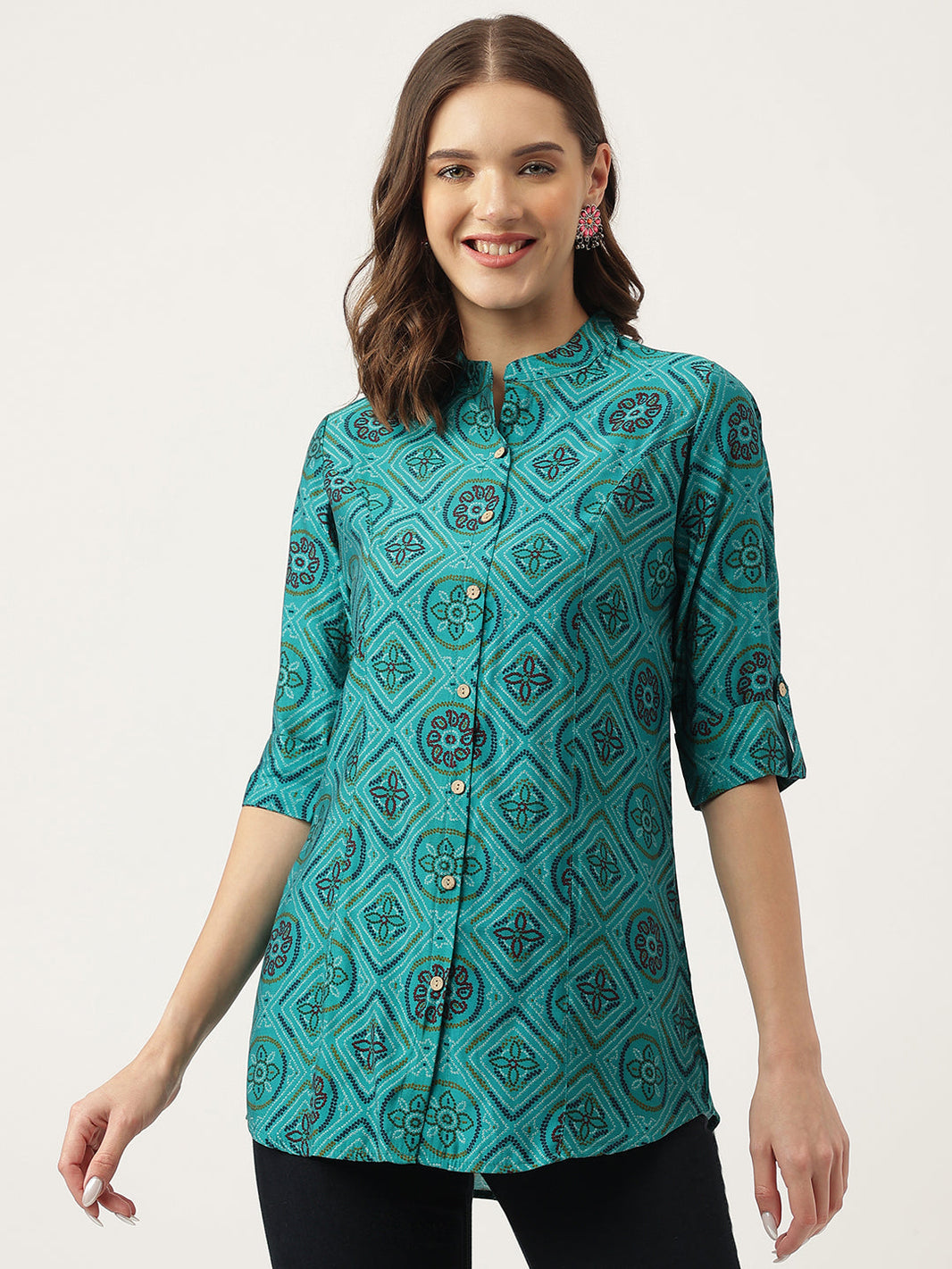 Divena Turquoise Blue Printed Muslin Fold Sleeve top